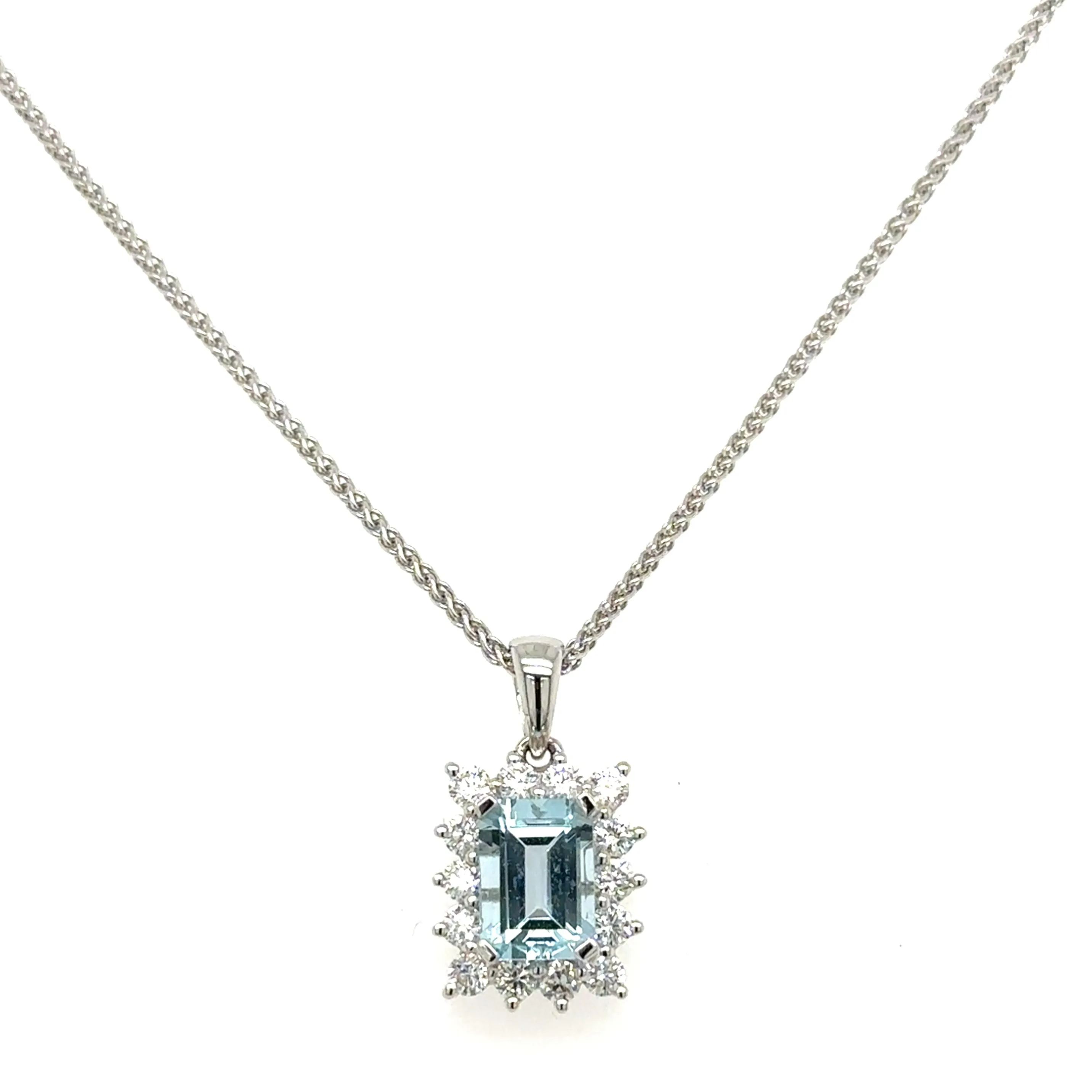 Diamond And Aquamarine Pendant with Chain Necklace