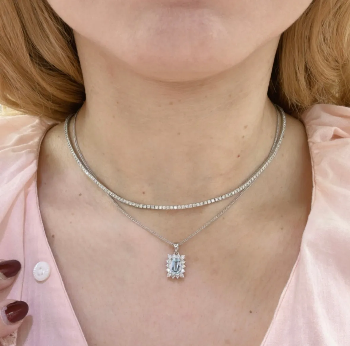 Diamond And Aquamarine Pendant with Chain Necklace