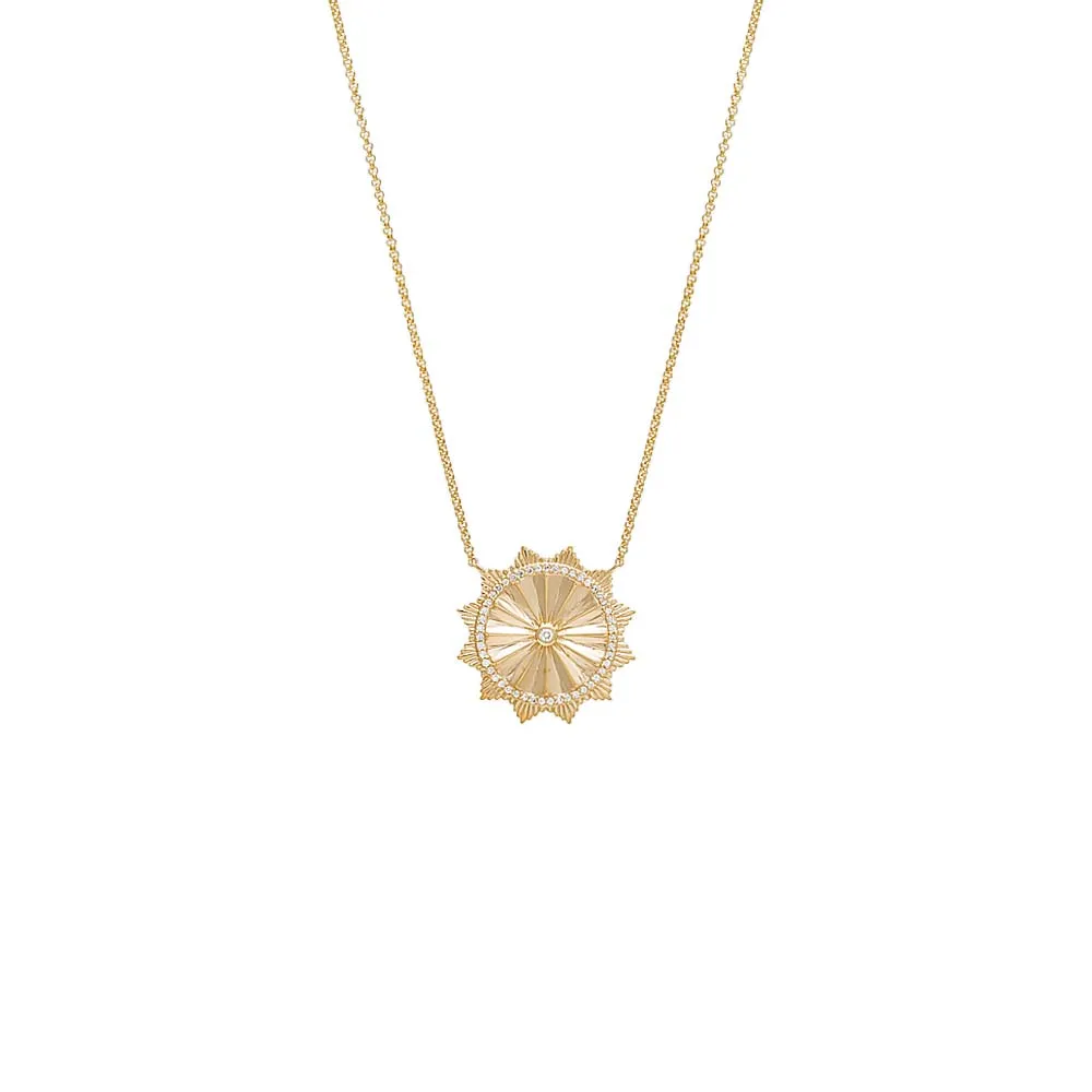 Diamond Bezel Ridged Coin Necklace 14K