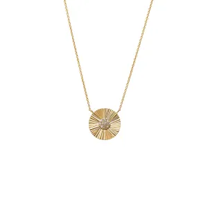 Diamond Pave Ridged Disc Pendant Necklace 14K