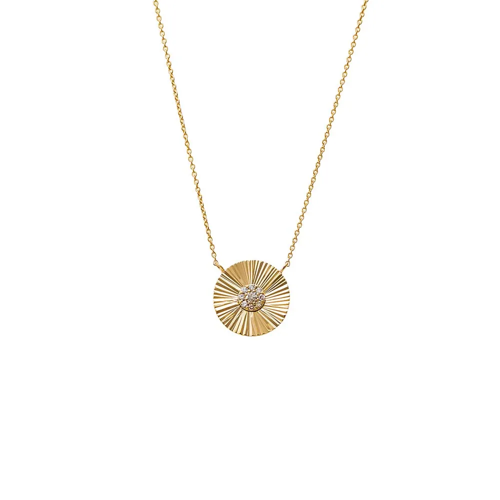 Diamond Pave Ridged Disc Pendant Necklace 14K