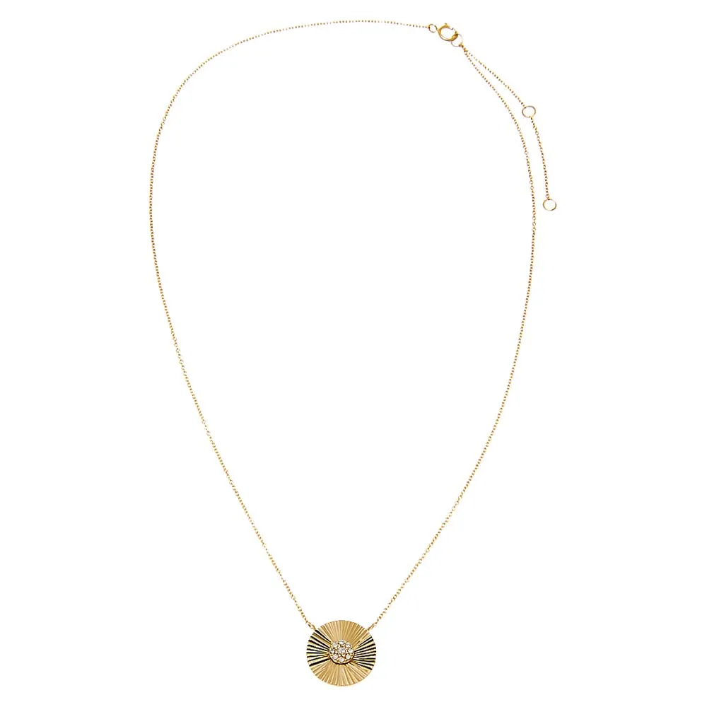 Diamond Pave Ridged Disc Pendant Necklace 14K
