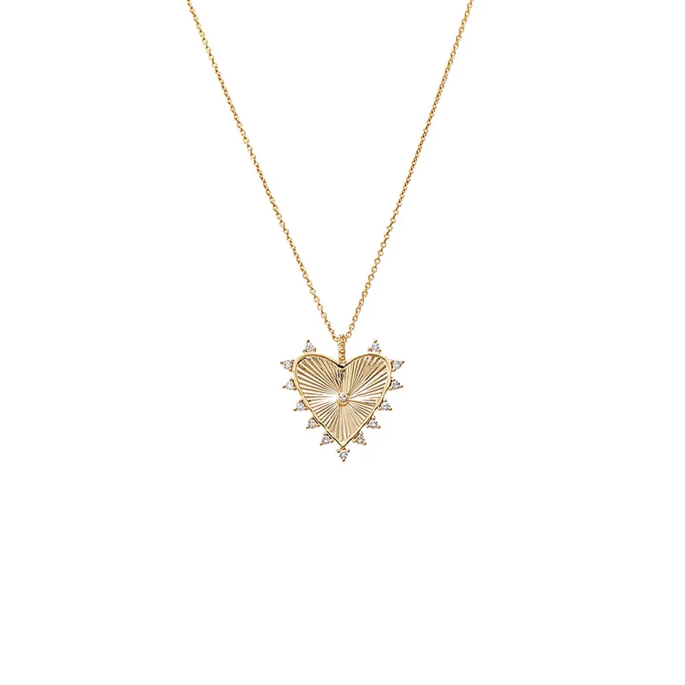 Diamond Scattered Ridged Heart Pendant Necklace 14K