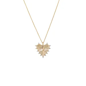 Diamond Scattered Ridged Heart Pendant Necklace 14K