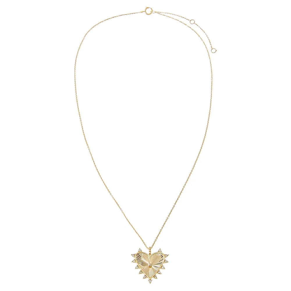 Diamond Scattered Ridged Heart Pendant Necklace 14K