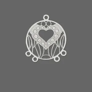 Drop, Lazer Lace™, silver-finished brass, 22mm round with heart, 4 loops. Sold per pkg of 20.