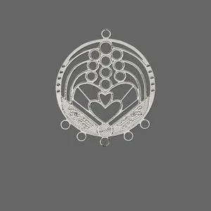 Drop, Lazer Lace™, silver-plated brass, 28x24mm round with fancy heart, 5 1 loops. Sold per pkg of 20