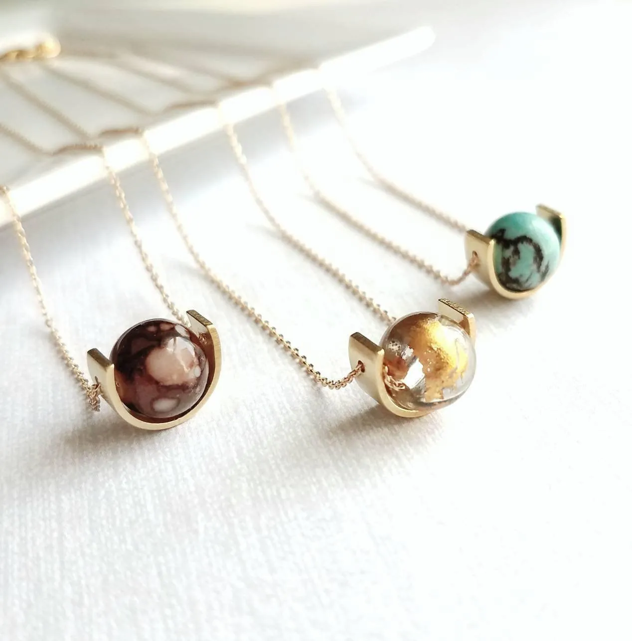 Eclipse Necklace, small glass bead necklace, semicircle necklace, watercolor necklace, glass ball necklace, delicate gold chain, mottled