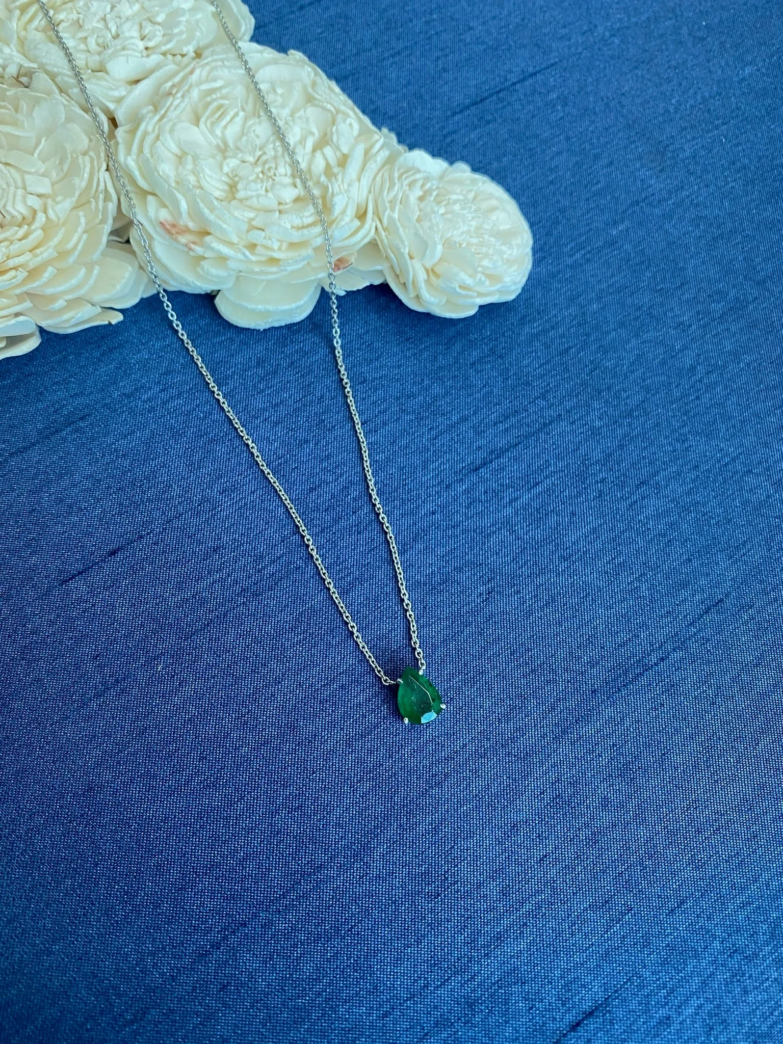 Emerald Pear White Gold Necklace