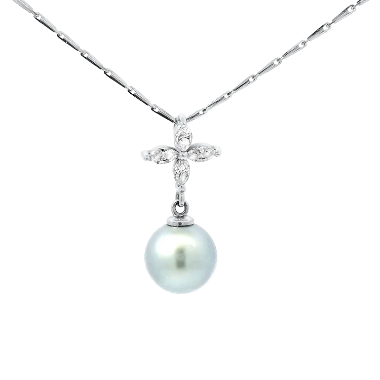 Estate 18k and 14k White Gold Diamond and Pearl Necklace