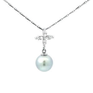 Estate 18k and 14k White Gold Diamond and Pearl Necklace