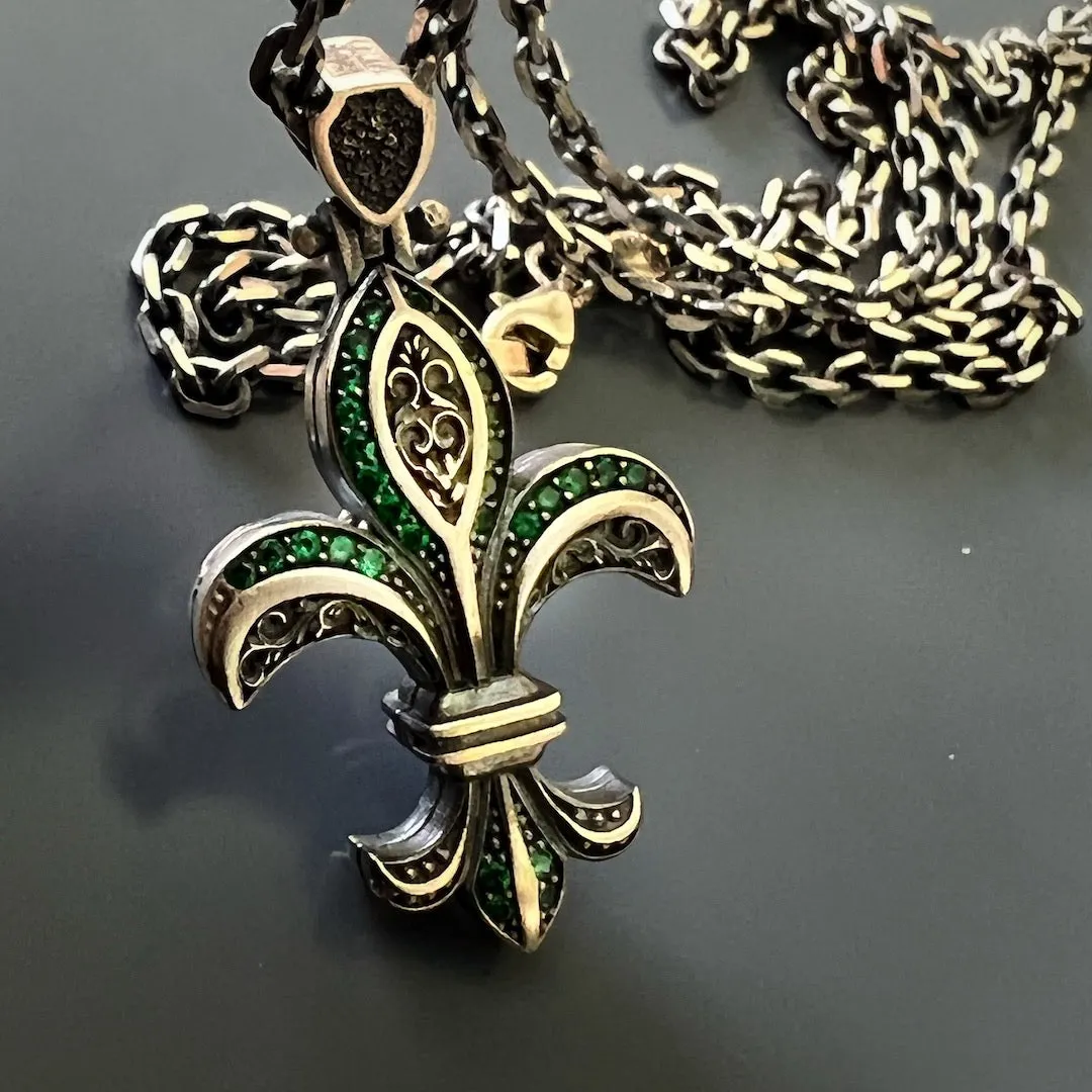 Fleur De Lis Double Side Diamond & Sterling Silver Unique Necklace