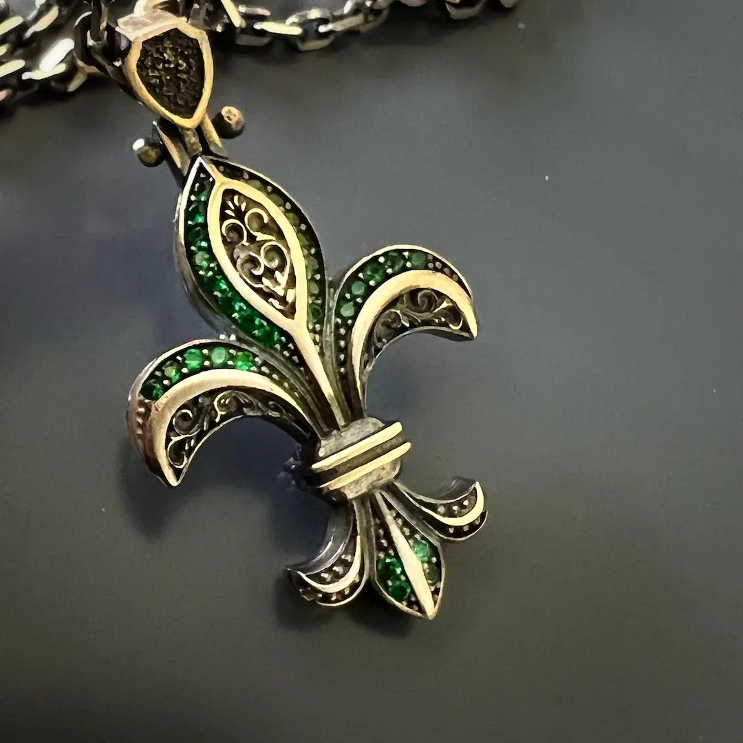 Fleur De Lis Double Side Diamond & Sterling Silver Unique Necklace