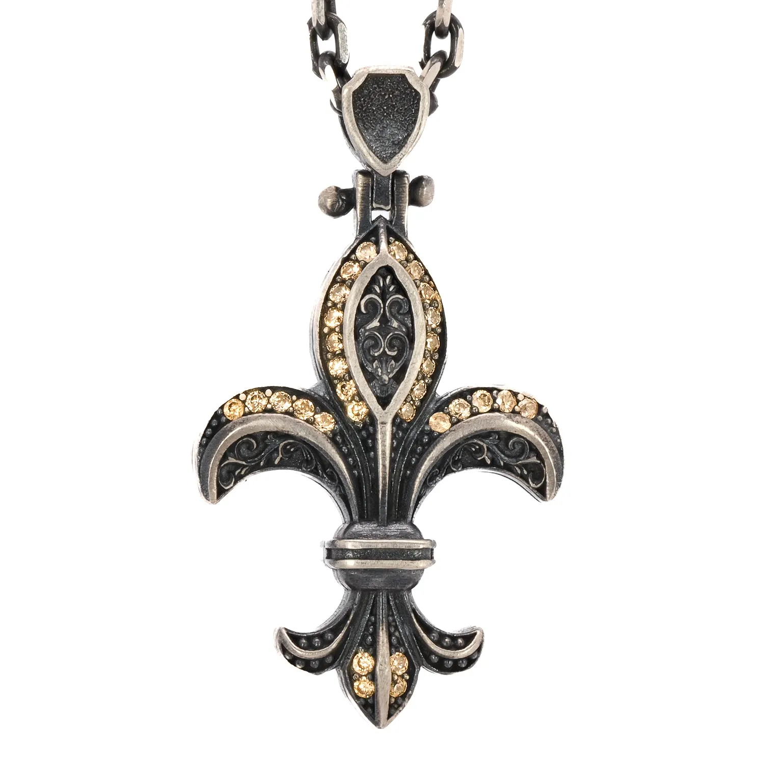 Fleur De Lis Double Side Diamond & Sterling Silver Unique Necklace