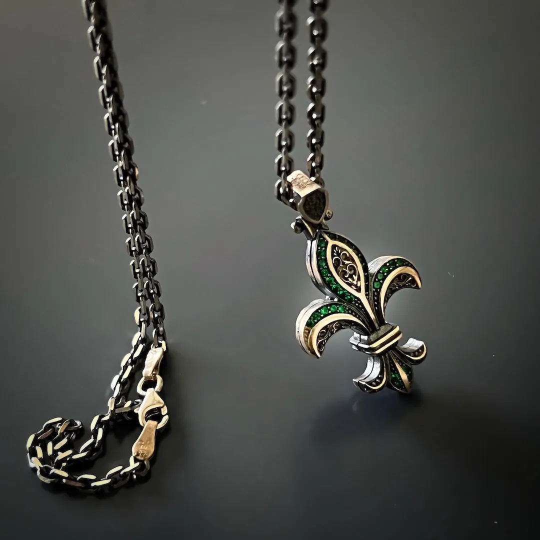 Fleur De Lis Double Side Diamond & Sterling Silver Unique Necklace