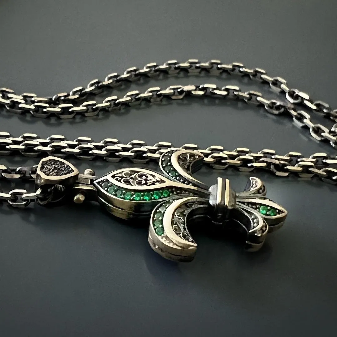 Fleur De Lis Double Side Diamond & Sterling Silver Unique Necklace