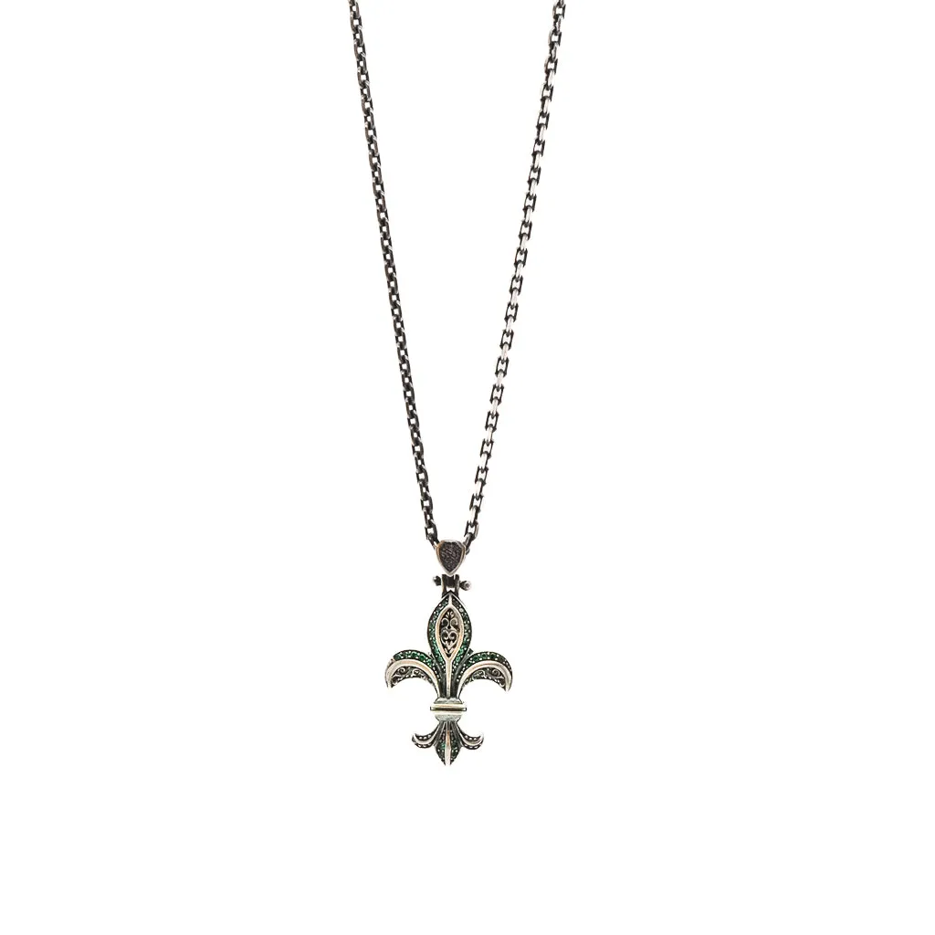 Fleur De Lis Double Side Diamond & Sterling Silver Unique Necklace