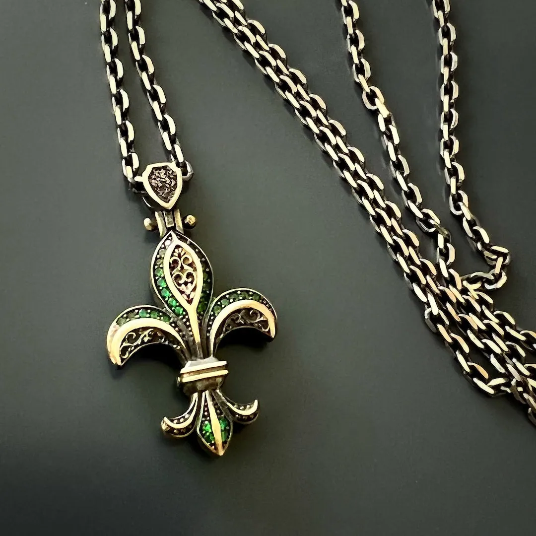 Fleur De Lis Double Side Diamond & Sterling Silver Unique Necklace