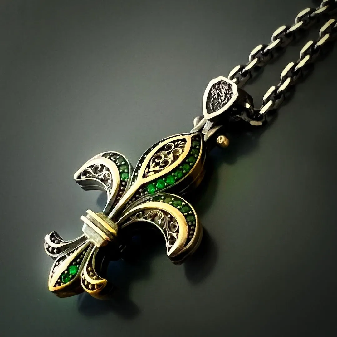 Fleur De Lis Double Side Diamond & Sterling Silver Unique Necklace