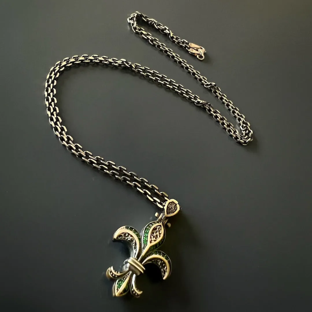 Fleur De Lis Double Side Diamond & Sterling Silver Unique Necklace