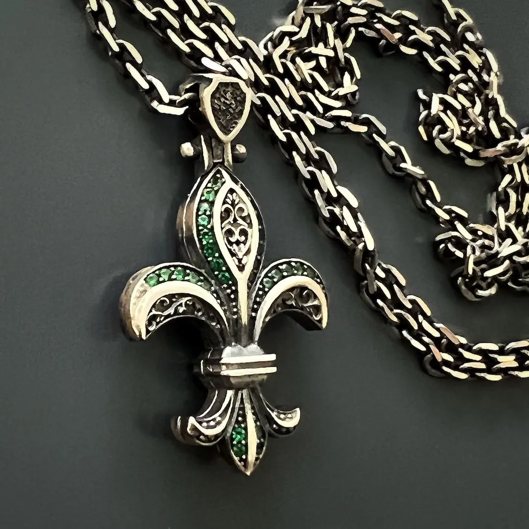 Fleur De Lis Double Side Diamond & Sterling Silver Unique Necklace