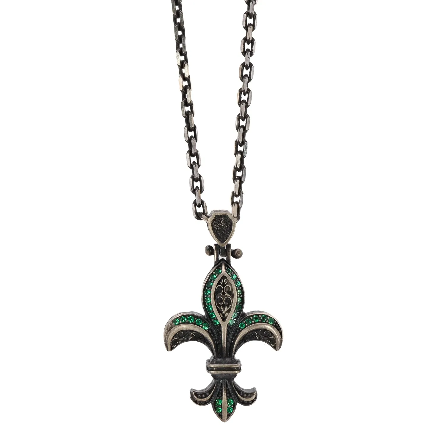 Fleur De Lis Double Side Diamond & Sterling Silver Unique Necklace