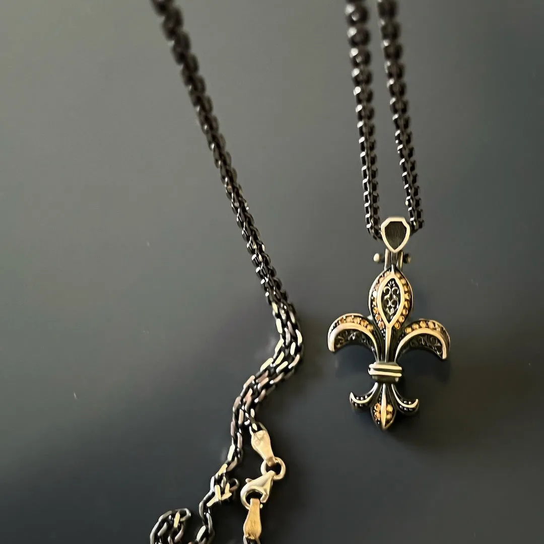 Fleur De Lis Double Side Diamond & Sterling Silver Unique Necklace