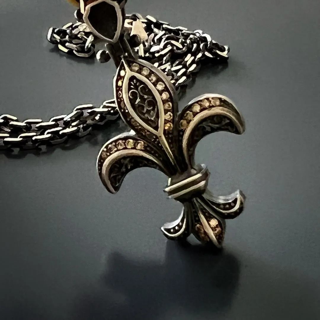 Fleur De Lis Double Side Diamond & Sterling Silver Unique Necklace
