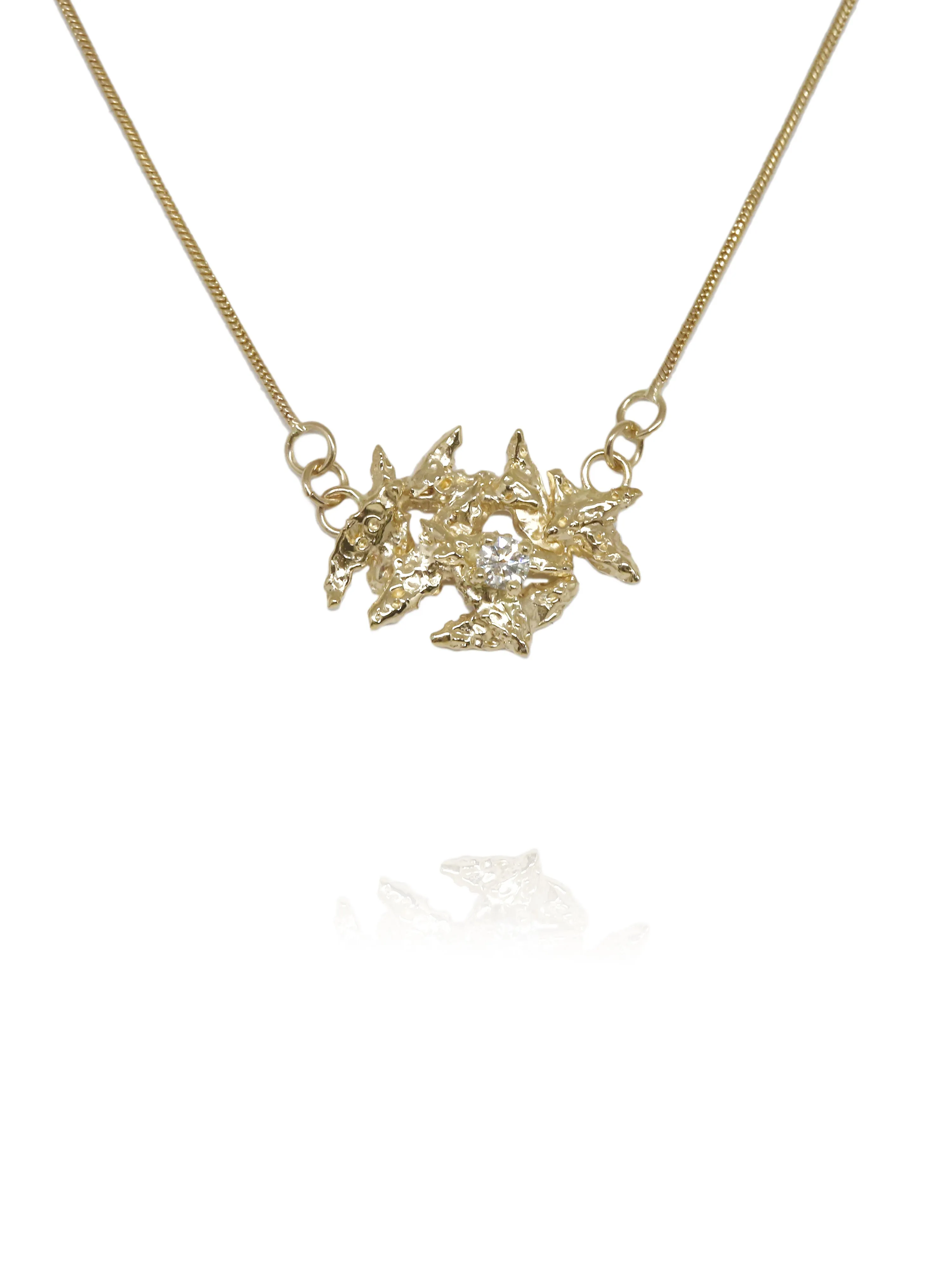 Flower Petals 14k Yellow Gold Necklace with White Diamond