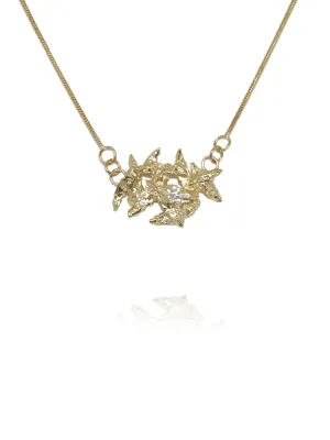 Flower Petals 14k Yellow Gold Necklace with White Diamond