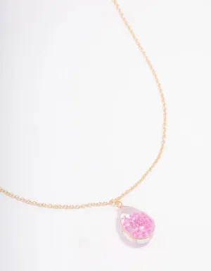Gold Pink Resin Flower Pendant Necklace