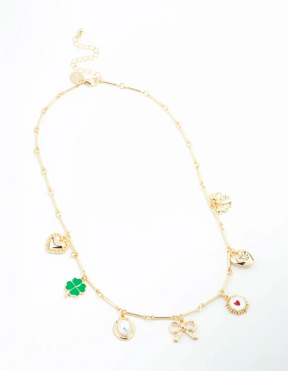 Gold Plated Heart & Bow Charm Necklace