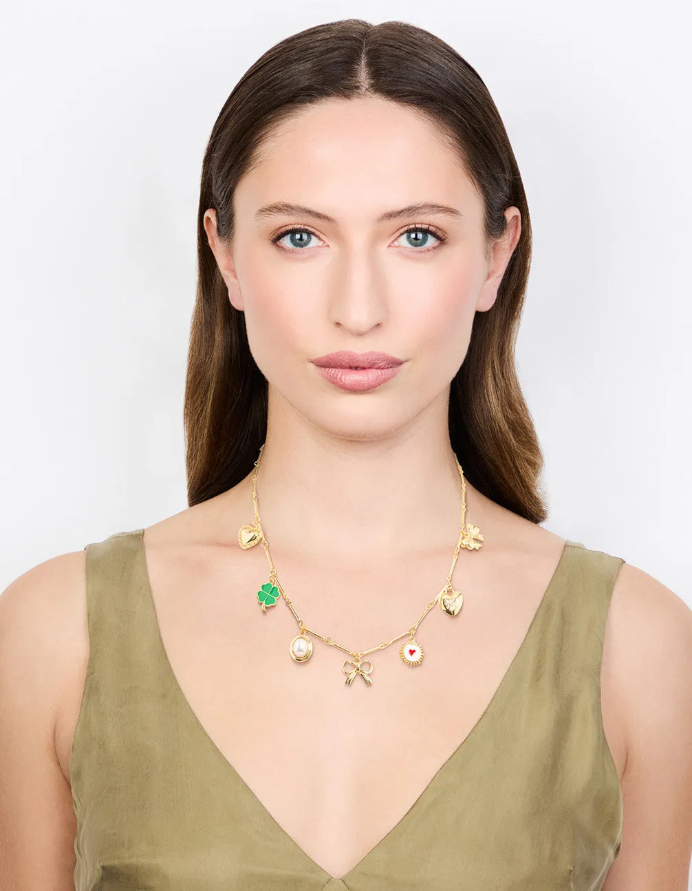 Gold Plated Heart & Bow Charm Necklace