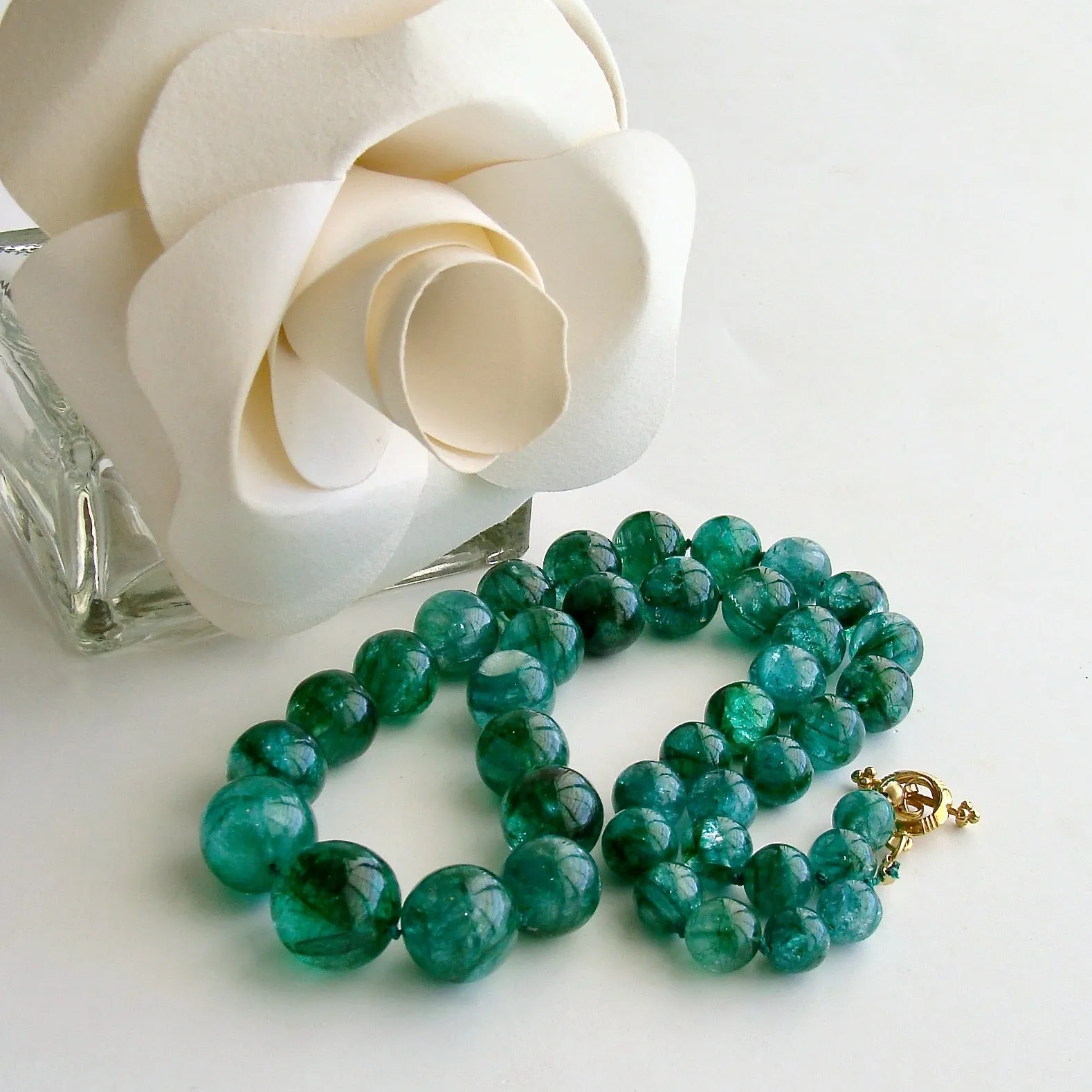 Graduated Hand Knotted Emerald Necklace 14KYG Toggle - Esme Necklace