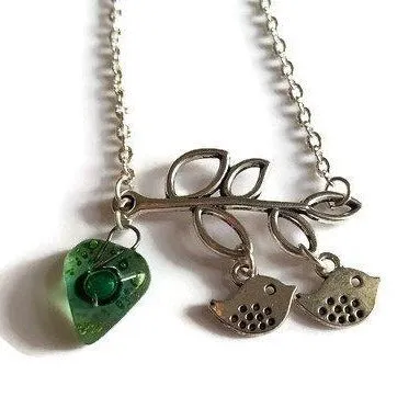 Green Recycled Glass Bead, Family Pendant. Bird Necklace. Recycled Glass Jewelry .
