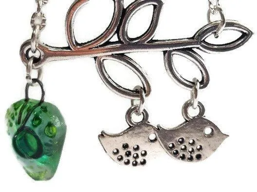 Green Recycled Glass Bead, Family Pendant. Bird Necklace. Recycled Glass Jewelry .