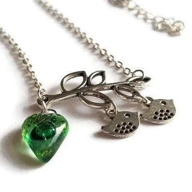 Green Recycled Glass Bead, Family Pendant. Bird Necklace. Recycled Glass Jewelry .