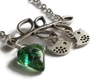 Green Recycled Glass Bead, Family Pendant. Bird Necklace. Recycled Glass Jewelry .