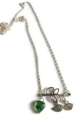 Green Recycled Glass Bead, Family Pendant. Bird Necklace. Recycled Glass Jewelry .