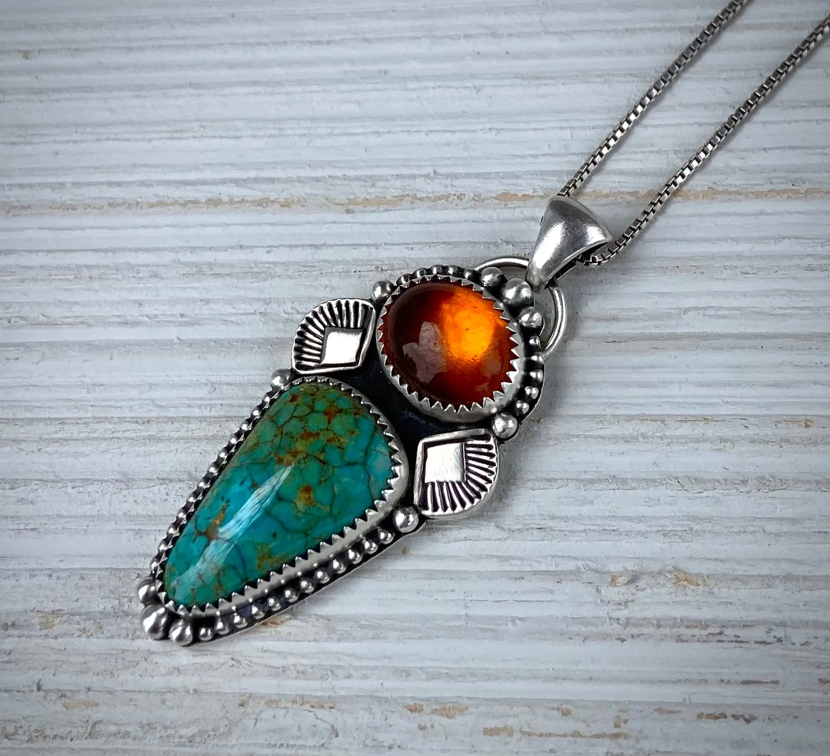 Hand Stamped Amber & Turquoise Pendant