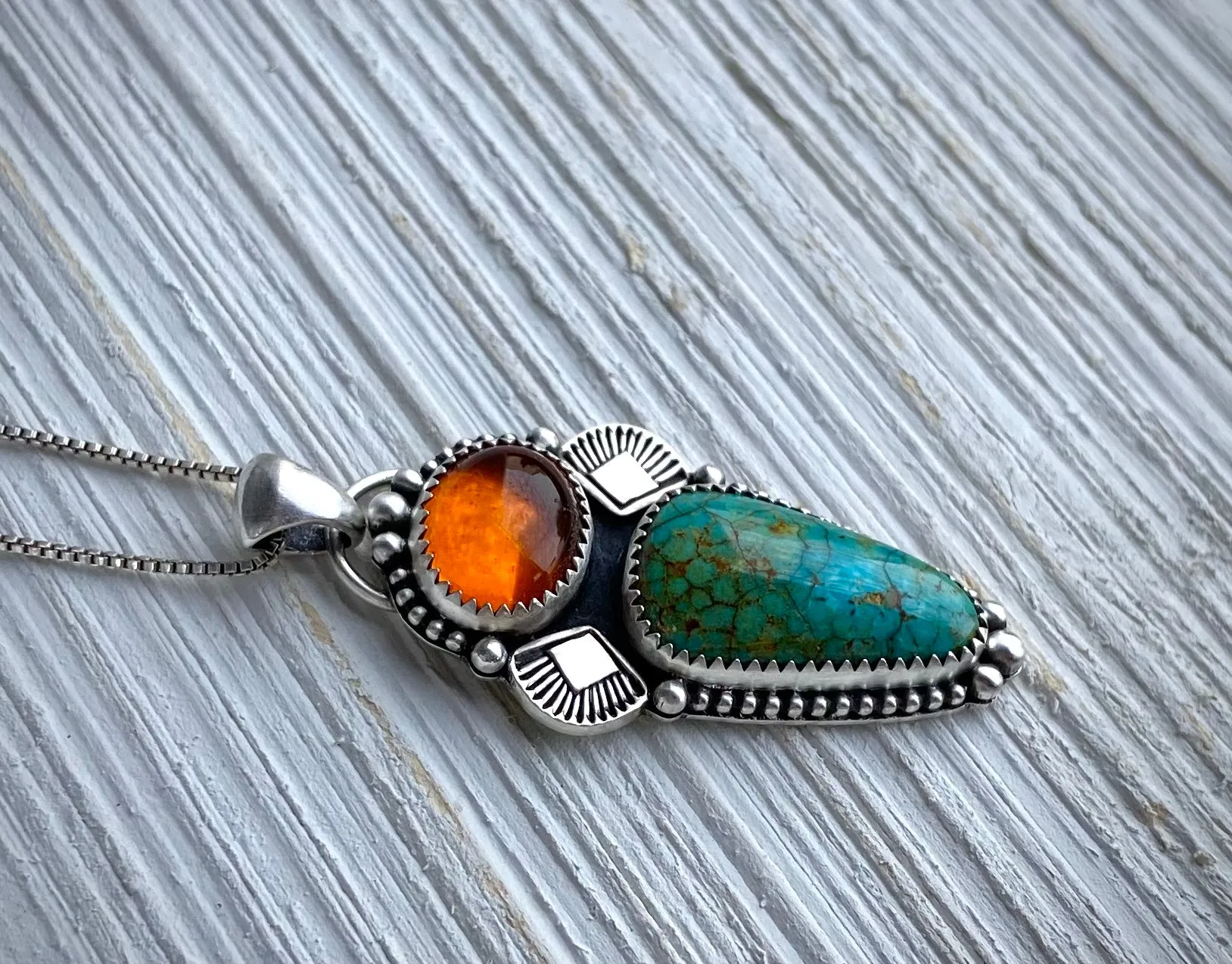 Hand Stamped Amber & Turquoise Pendant
