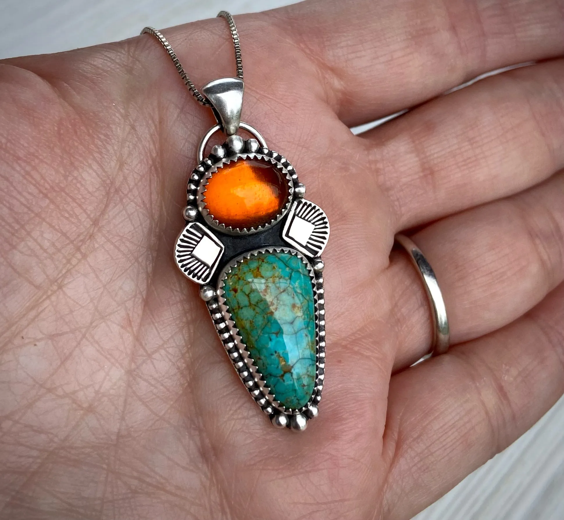 Hand Stamped Amber & Turquoise Pendant