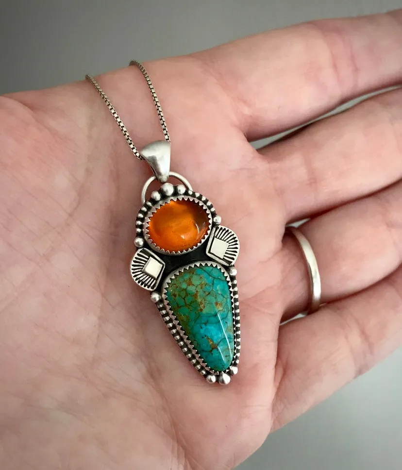 Hand Stamped Amber & Turquoise Pendant