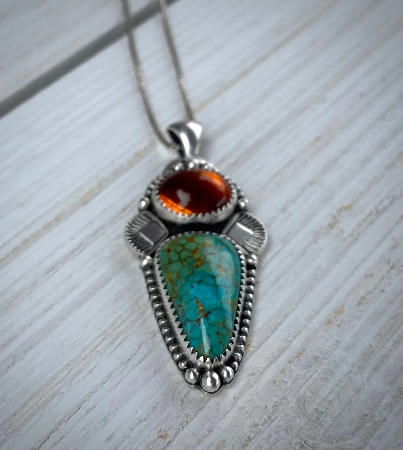 Hand Stamped Amber & Turquoise Pendant