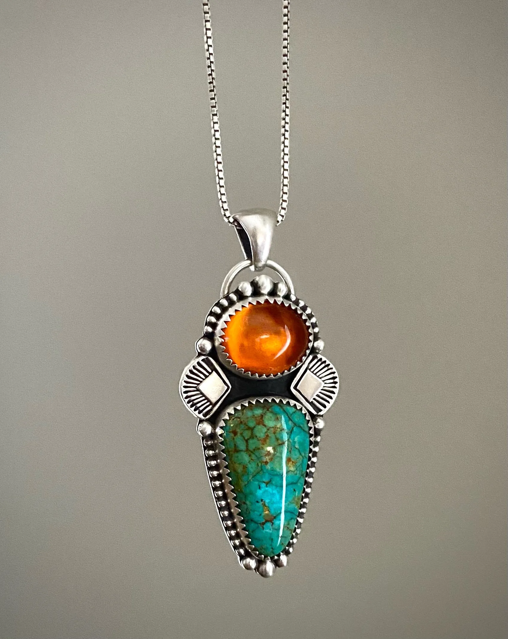 Hand Stamped Amber & Turquoise Pendant