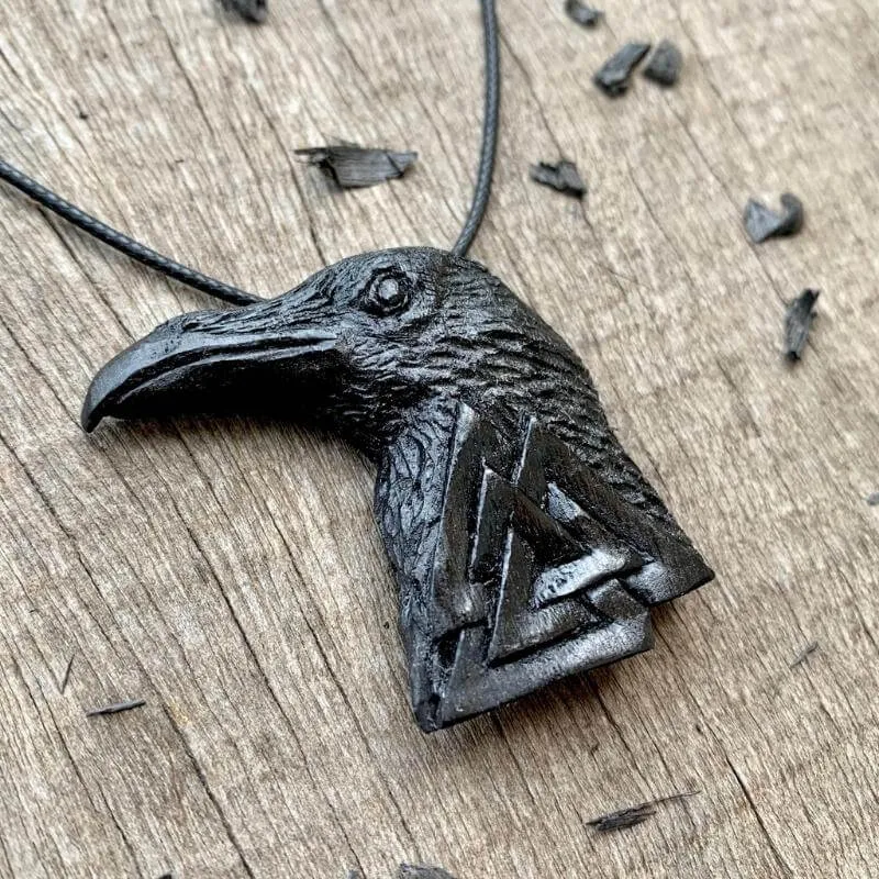Handcarved Unique Bog Oak Wood Raven and Valknut Pendant