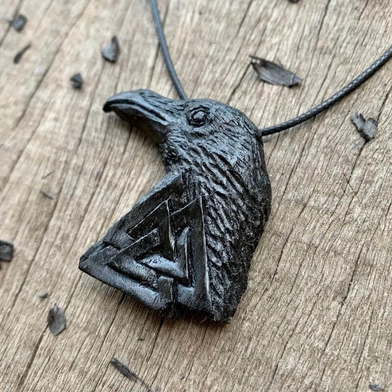 Handcarved Unique Bog Oak Wood Raven and Valknut Pendant