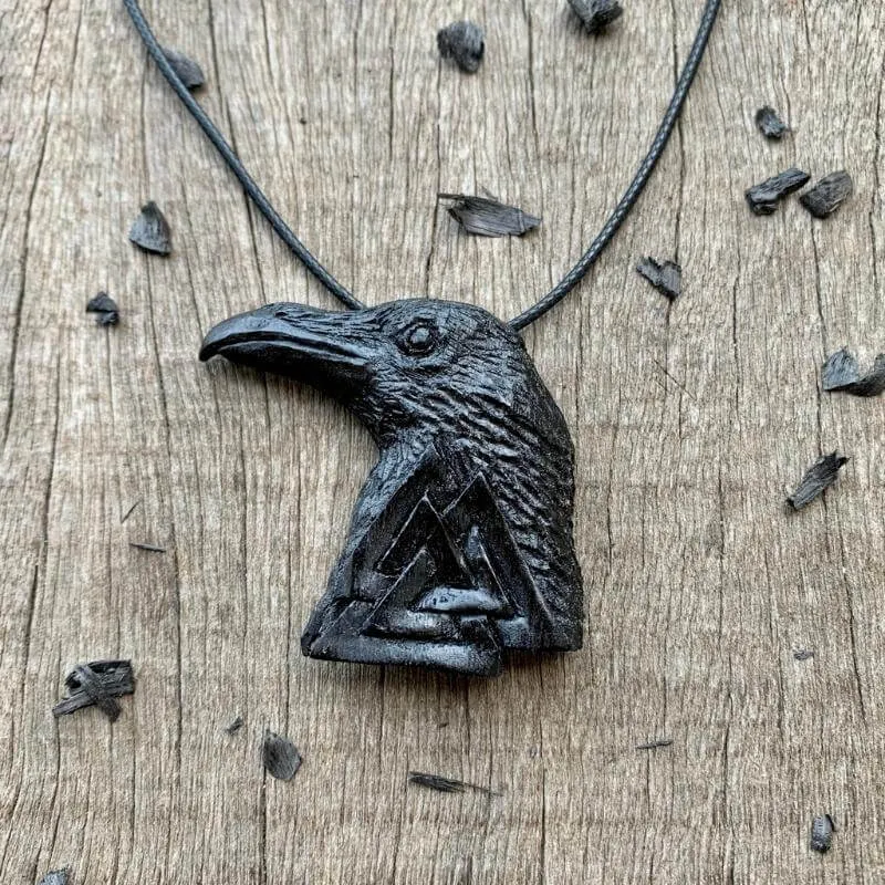 Handcarved Unique Bog Oak Wood Raven and Valknut Pendant