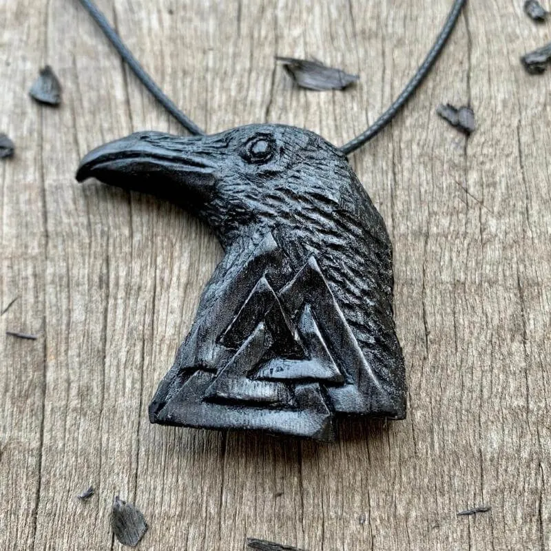 Handcarved Unique Bog Oak Wood Raven and Valknut Pendant