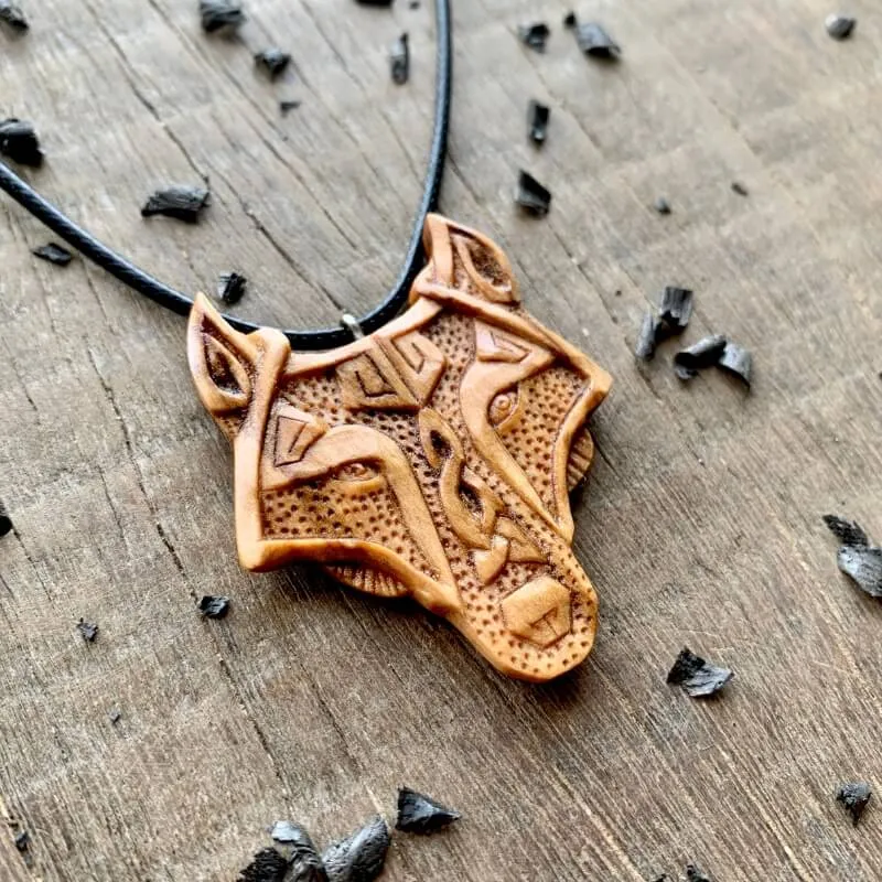 Handcarved Unique Olive Wood Fenrir Head Pendant